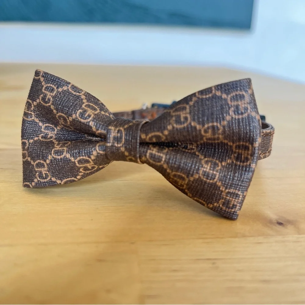 Cat Collar Lux Vegan Leather Bow Necklace Pet Brown Tan Bowtie